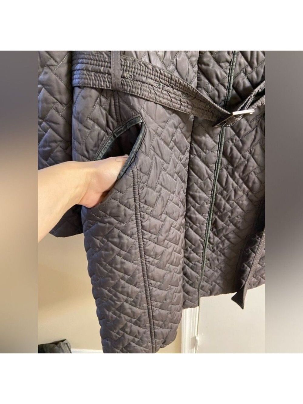 Cole Haan dark grey Quilted Trench Coat Medium - Picture 6 of 12
